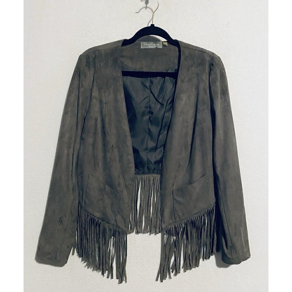 Bagatelle Jacket Womens Medium Gray Faux Suede Fringe Open Front Western Boho